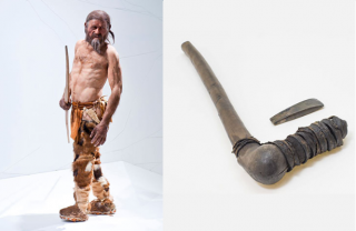 Ricostruzione di Ötzi, l’Uomo venuto dal ghiaccio (3300 a.C), e la sua (reale) ascia in rame © Museo Archeologico del’Alto Adige
