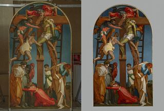 La deposizione prima (a sinistra) e dopo (a destra) il restauro