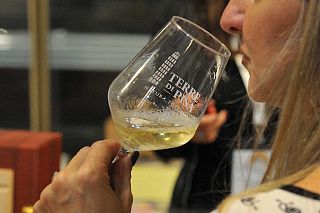 donna beve calice di vino bianco marcato "Terre di Pisa"