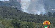 Incendio brucia il bosco, elicotteri in volo